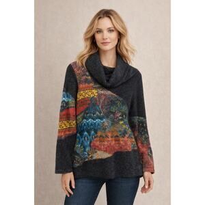 Asymmetrical Patchwork Sweater Artsy Knit Tunic  Cowl Neck Long Sleeve Women’s M